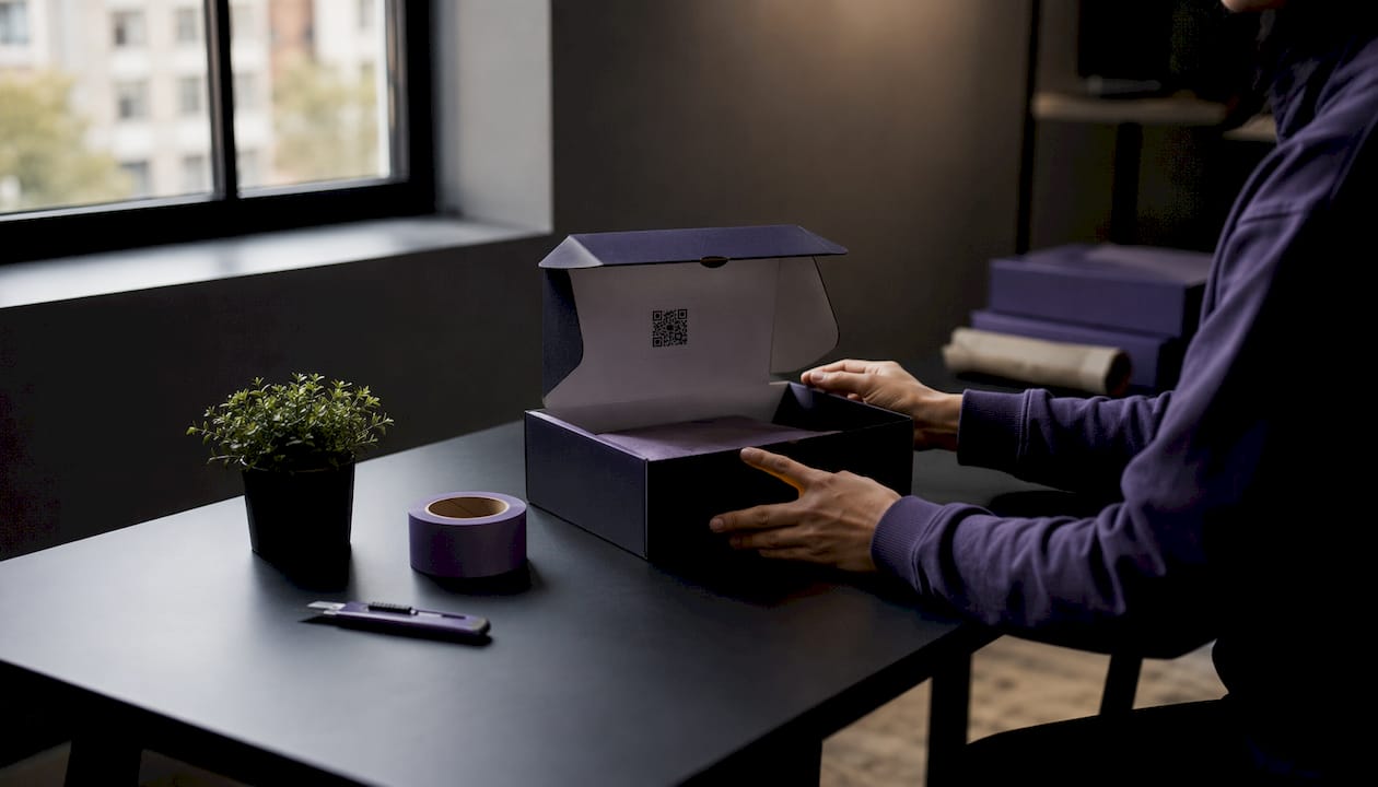 Hands placing QR code on product packaging box