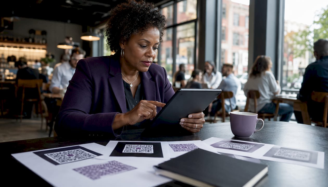 Marketing specialist reviewing QR code flyers