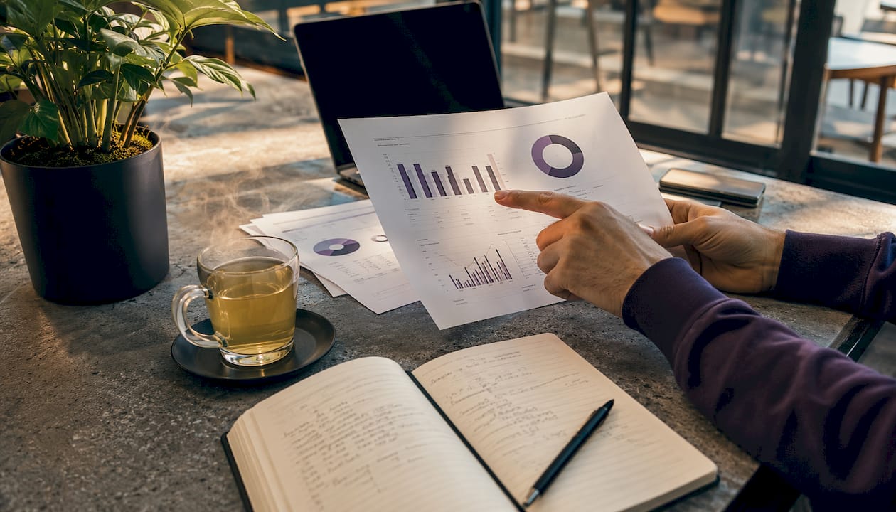Hands reviewing printed analytics reports