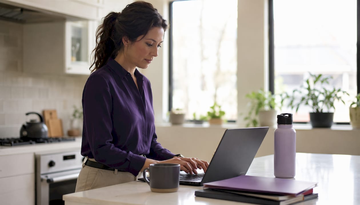 Woman typing on laptop in home office