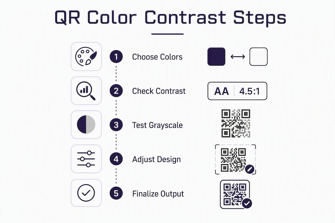 Infographic showing step-by-step QR code color contrast guidelines