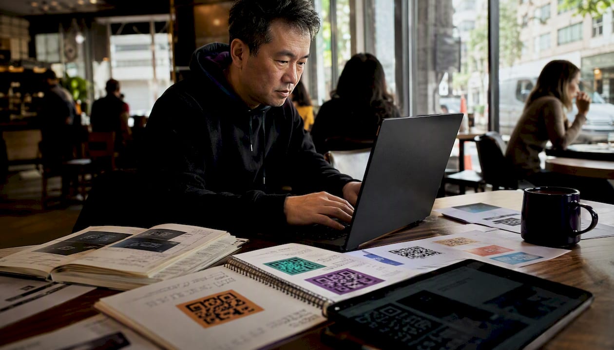 Developer working on branded QR codes at home desk
