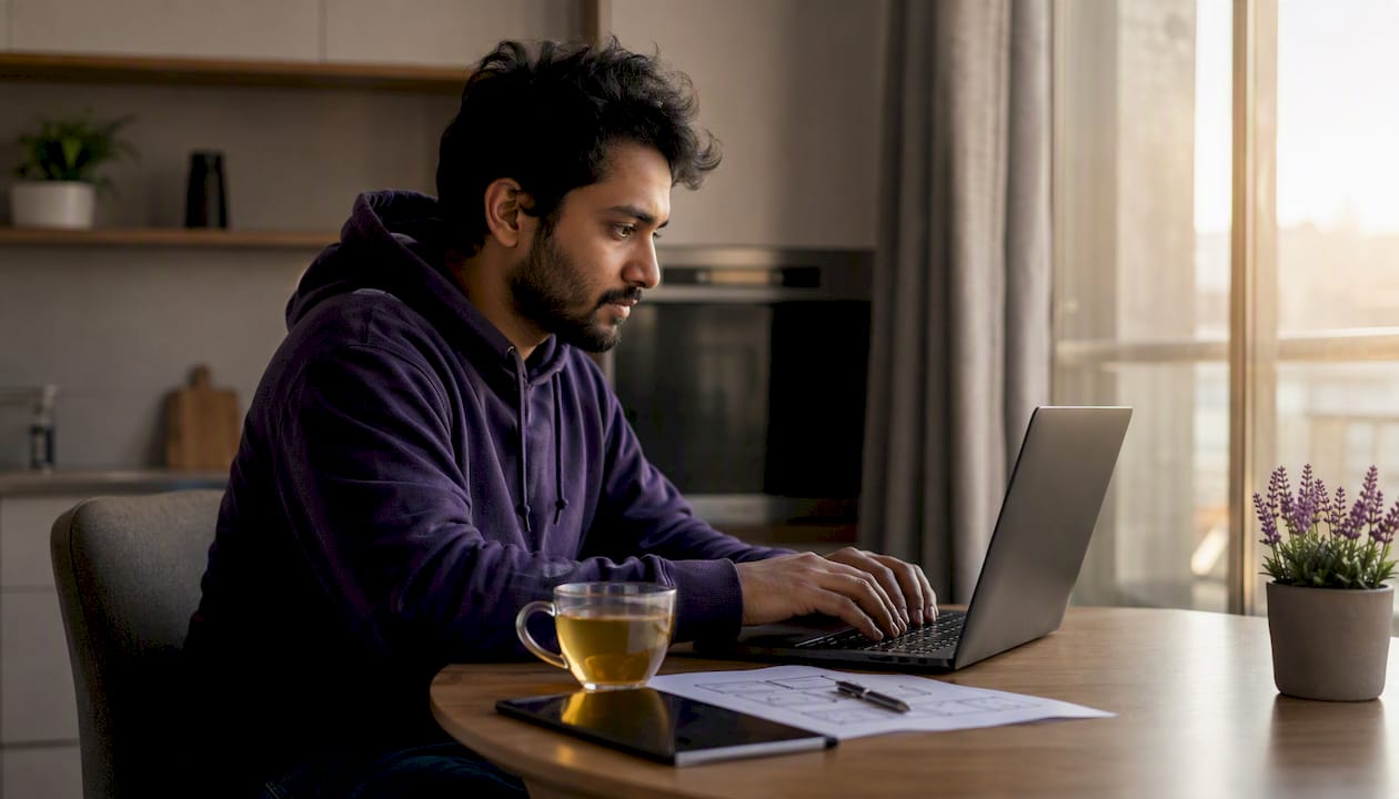 Developer typing at home desk with laptop and notes