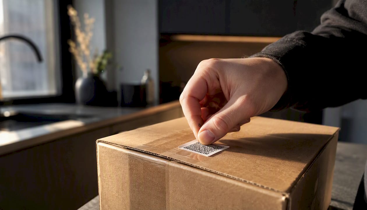 Hand applying dynamic QR code sticker