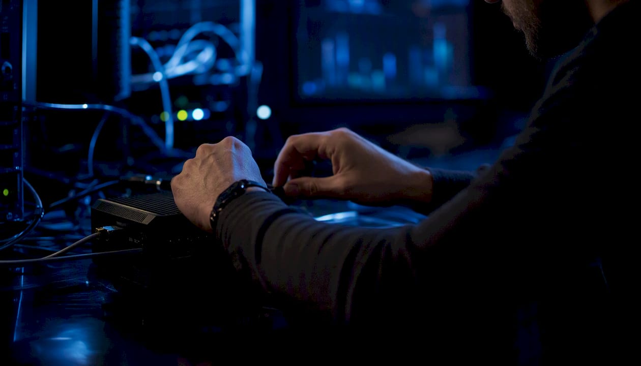 Hands adjusting privacy gadget on dark tech desk
