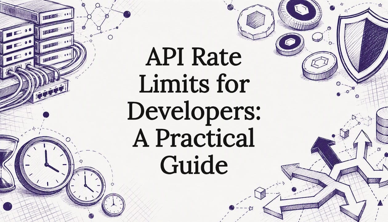 Decorative blog post title card with API rate limit themed sketches