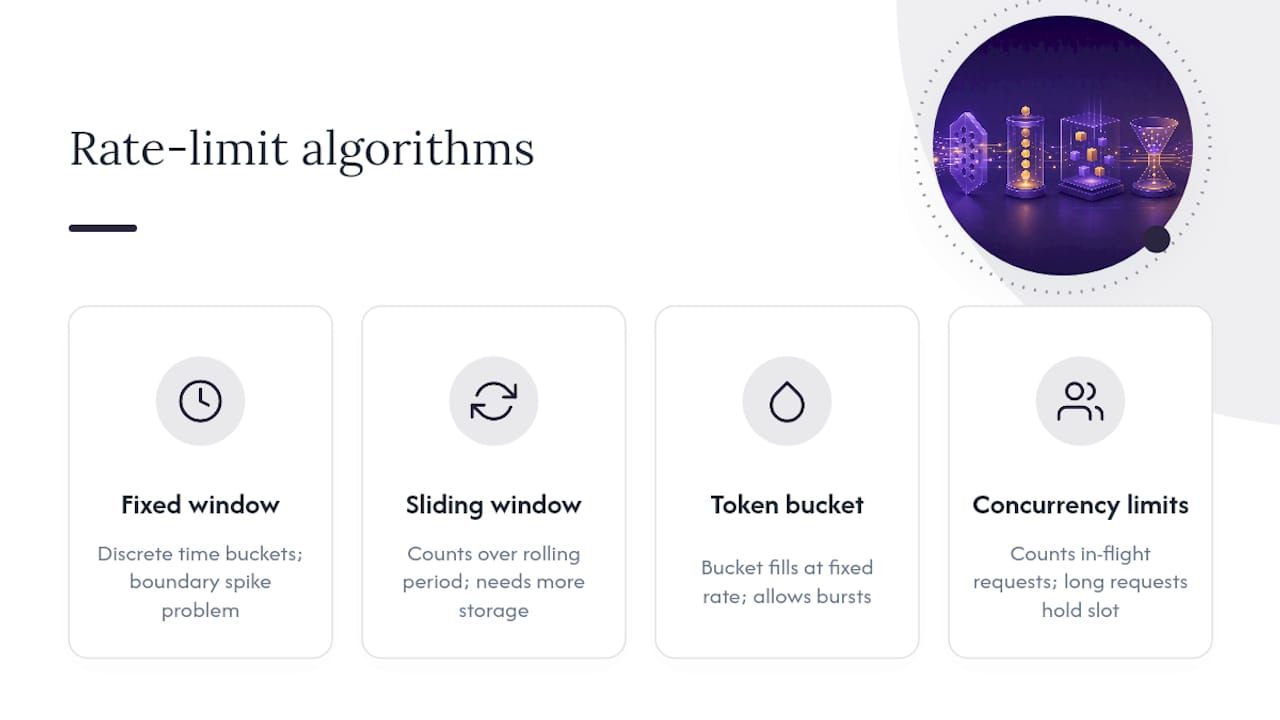 Diagram comparing common API rate-limiting algorithms