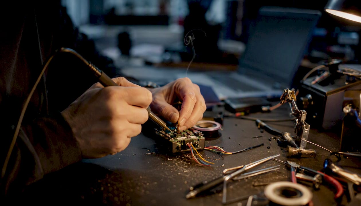 Hands configuring electronic tracking device in workspace