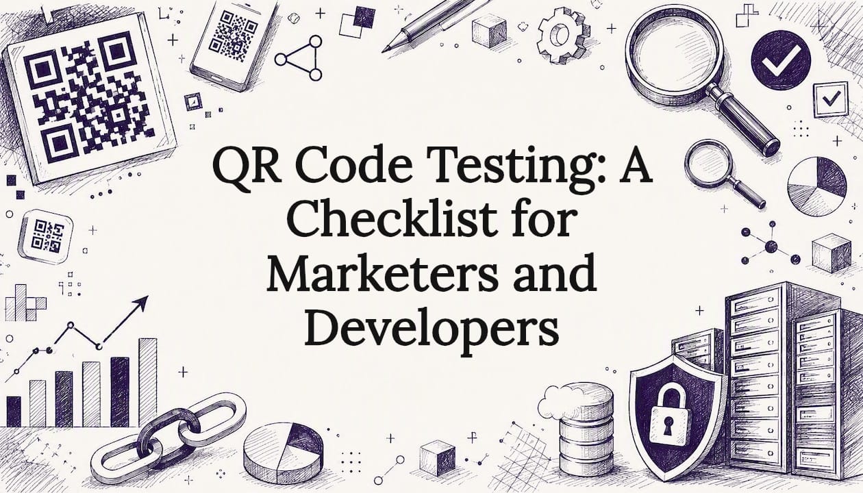 Decorative blog post title card with QR code and analytics sketches