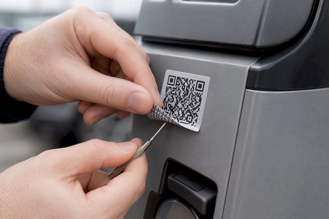 Hands inspecting a tampered QR sticker