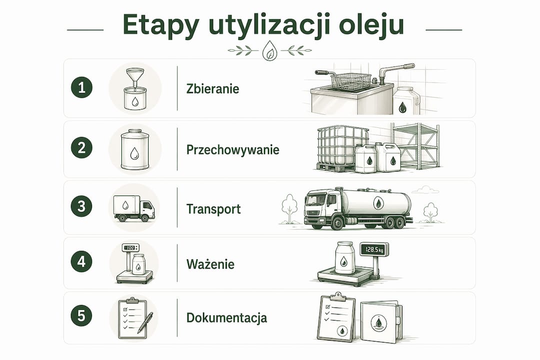Infografika pokazująca, jak krok po kroku przebiega proces utylizacji oleju