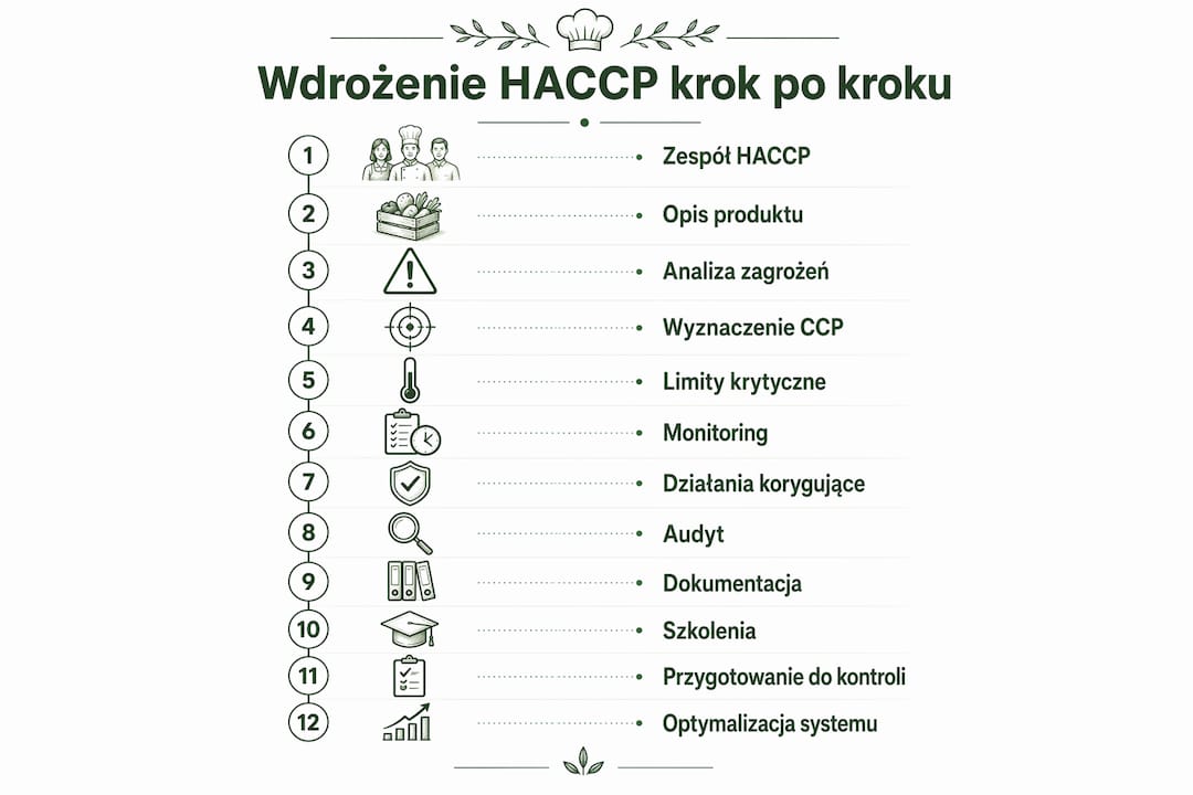 Grafika prezentująca 12 kolejnych kroków wdrażania systemu HACCP