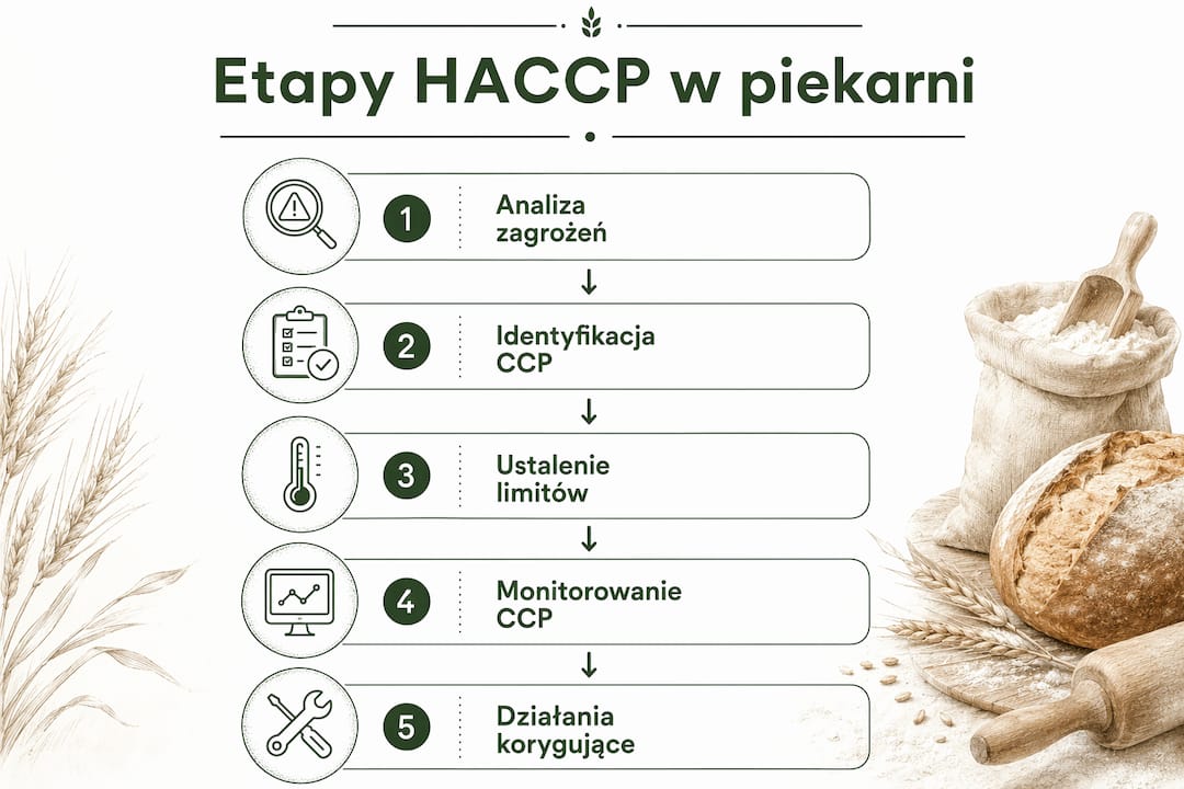 Infografika obrazująca kolejne kroki wdrażania systemu HACCP w piekarni