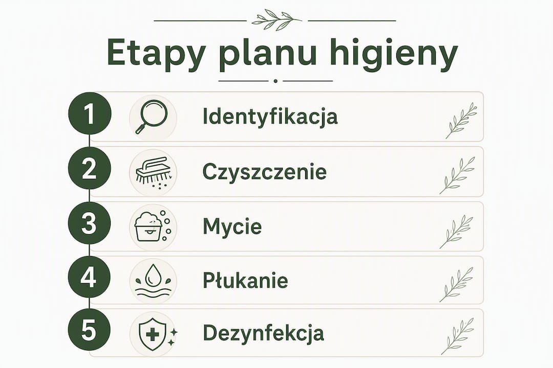 Grafika przedstawiająca krok po kroku, jak wdrożyć skuteczny plan higieny w restauracji.