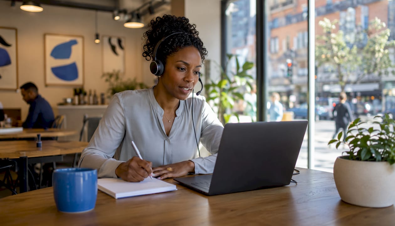 Customer service agent on video call in office