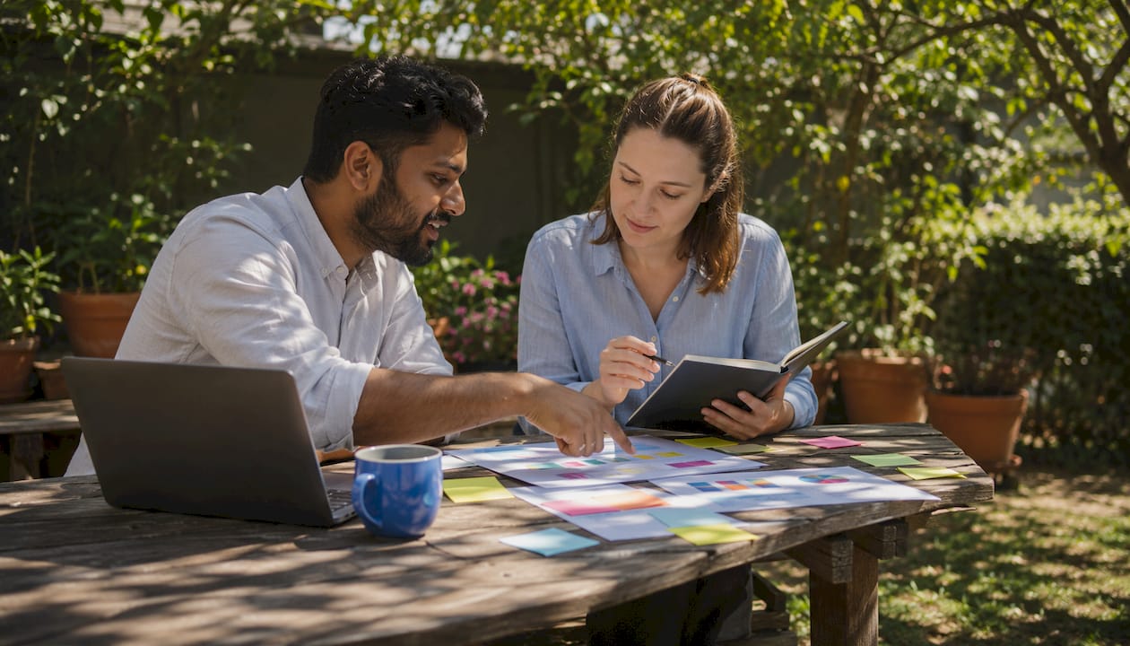 Colleagues collaborating on AI tool deployment charts