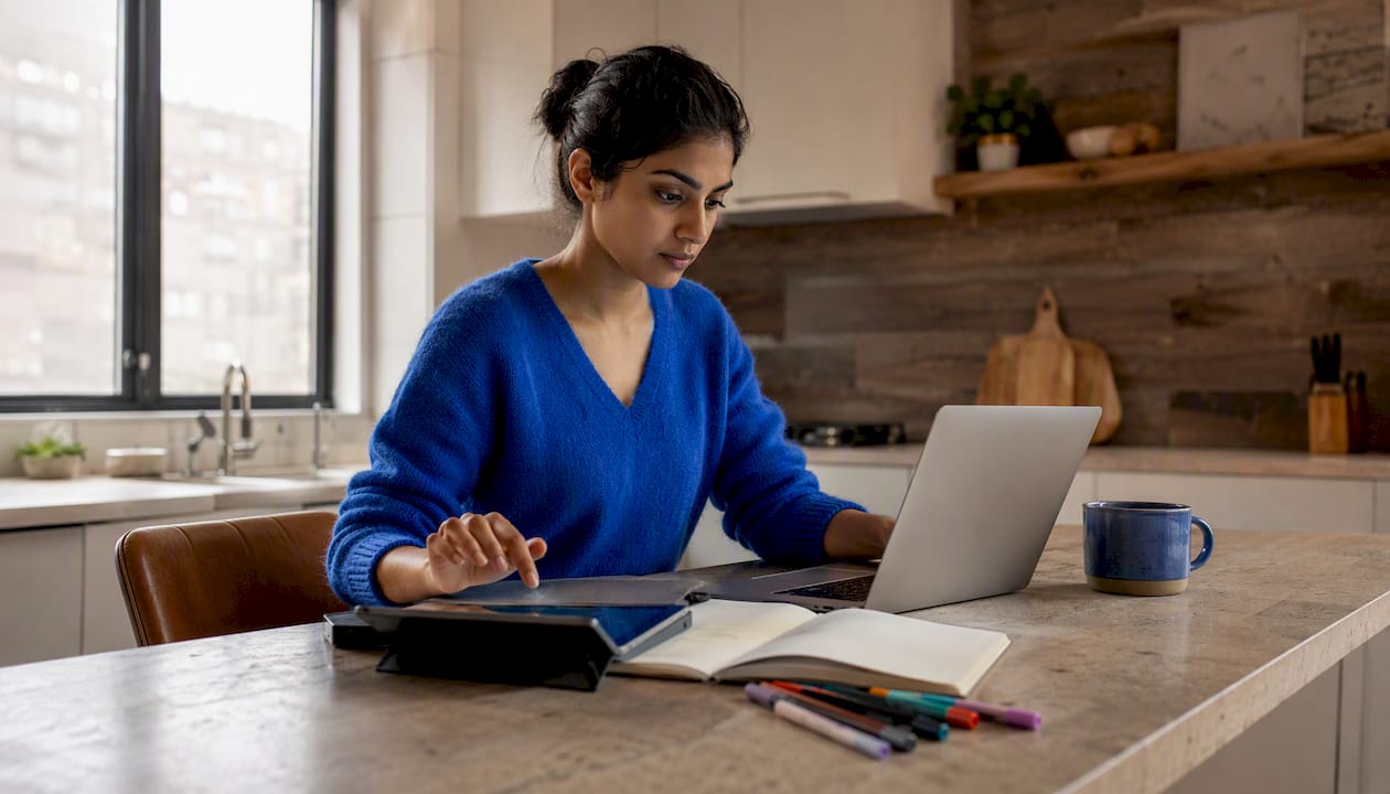 Woman at startup office using laptop and tablet