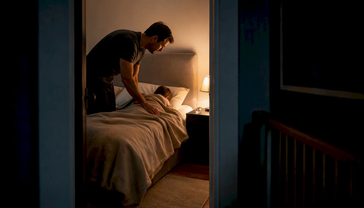Father caring for a sick child at night