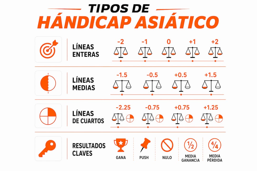 Infografía detallada sobre los diferentes tipos de hándicap asiático, explicados paso a paso