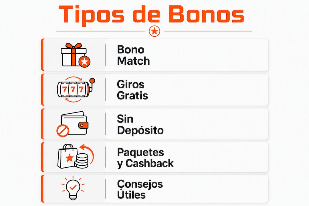 Infografía sobre los principales tipos de bonos de bienvenida que ofrecen los casinos