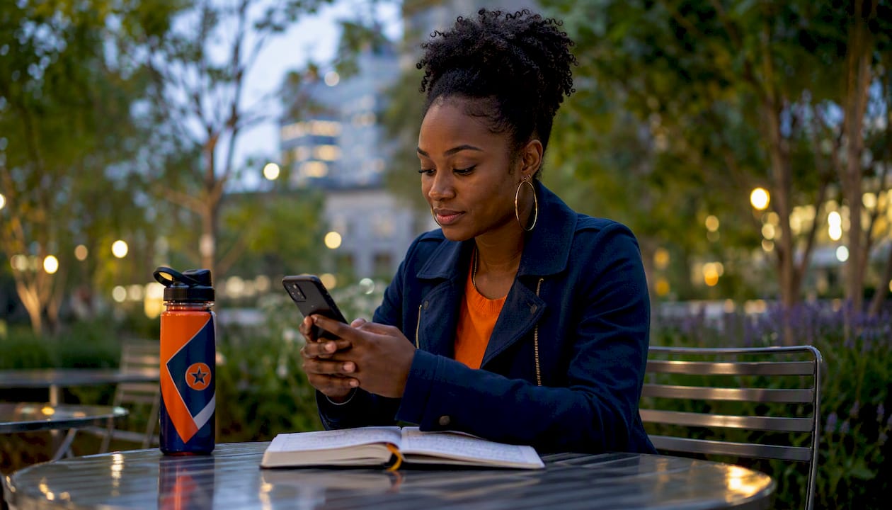 Woman using smartphone for football betting outdoors