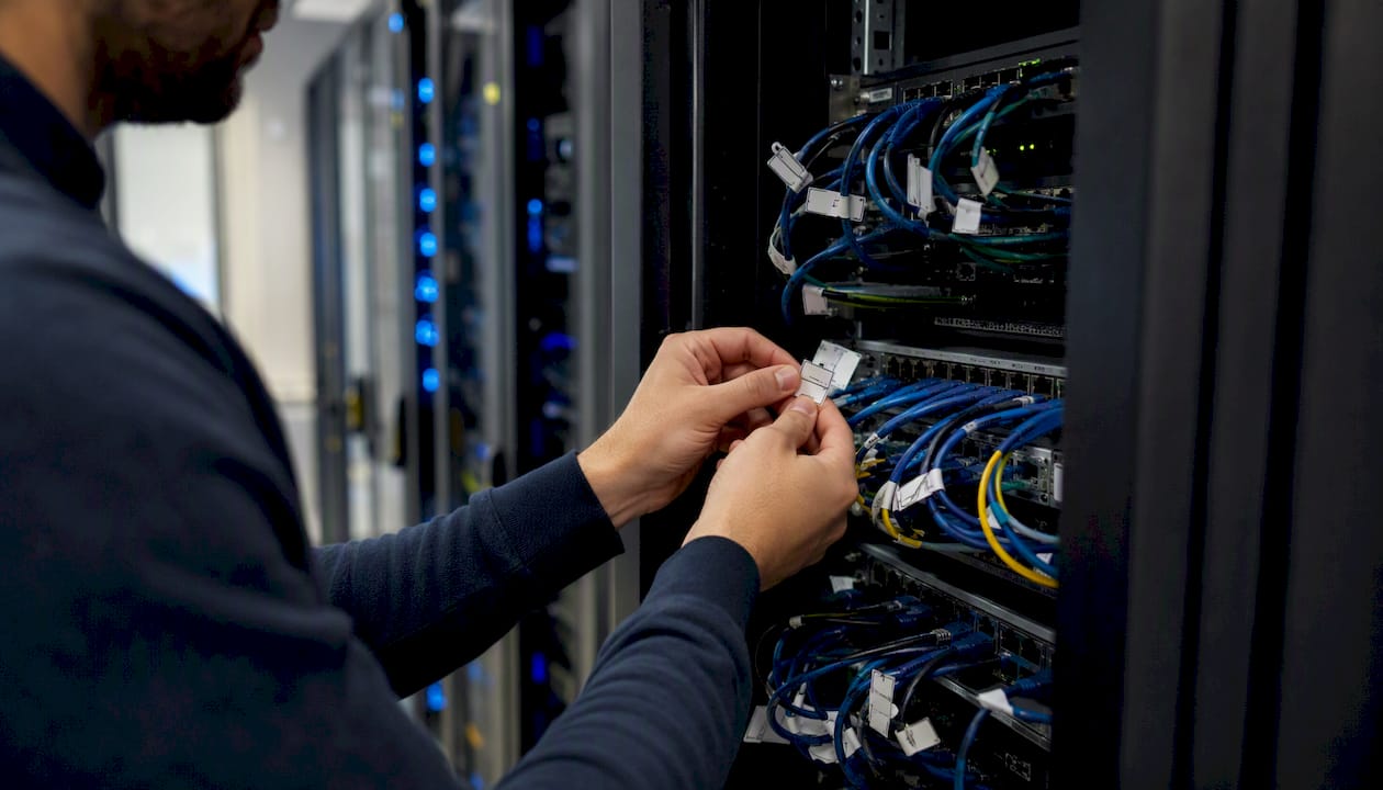 Hands tagging server cables in small business server room