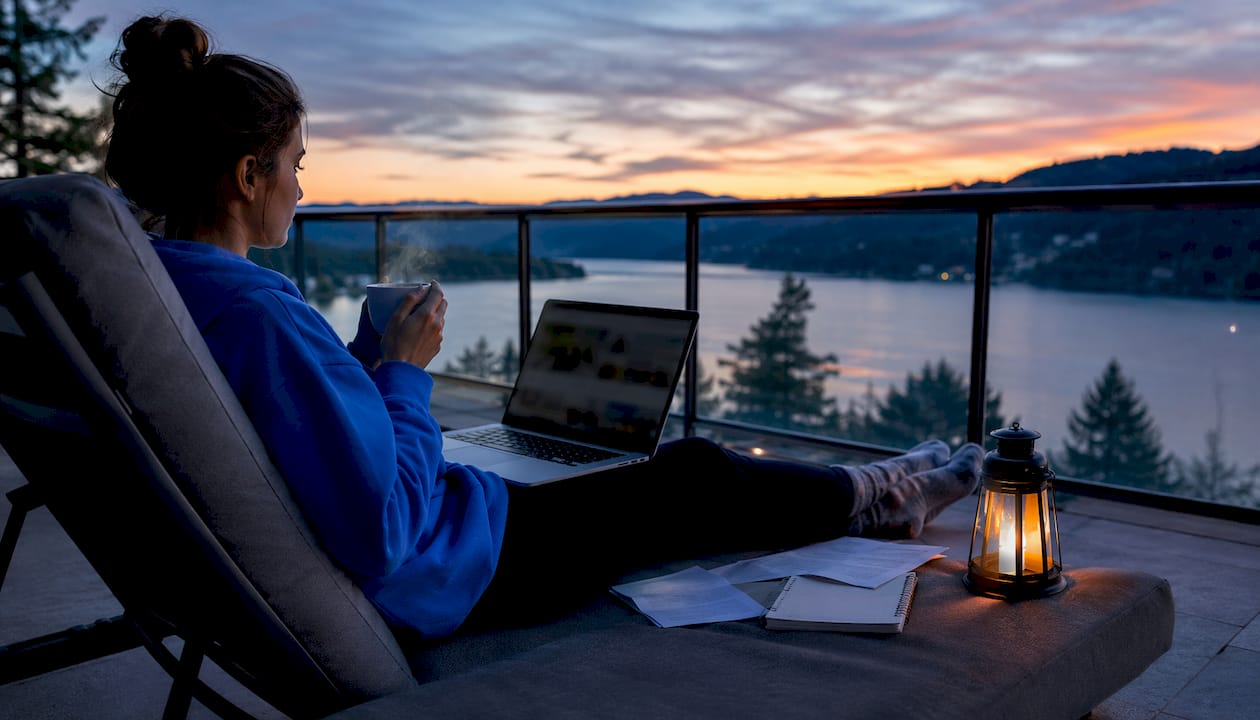 Woman searching private hot tub stays on laptop