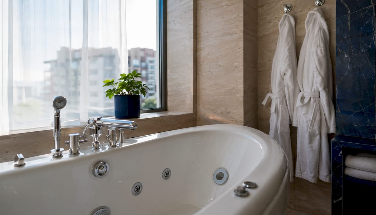 Hotel bathroom with a jetted bathtub