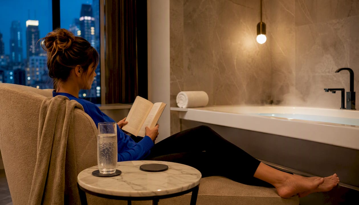 Woman relaxing in Chicago hotel jacuzzi suite