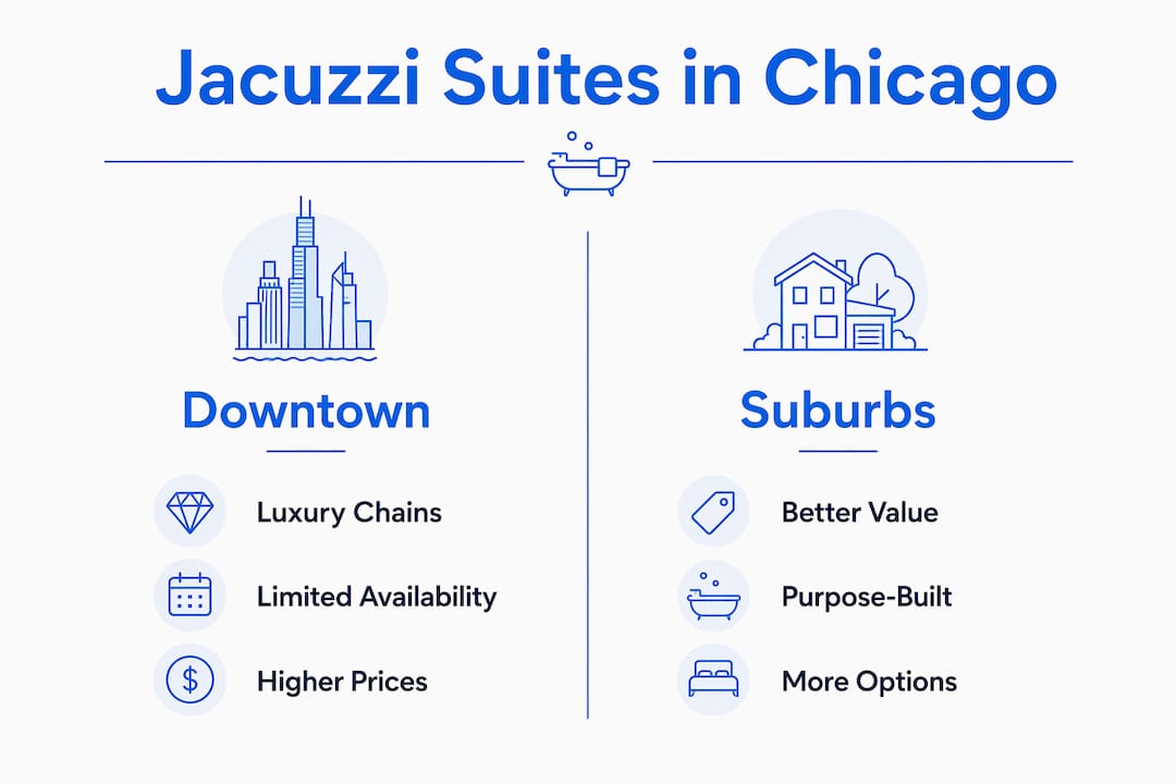 Infographic comparing downtown and suburban Chicago jacuzzi hotel features