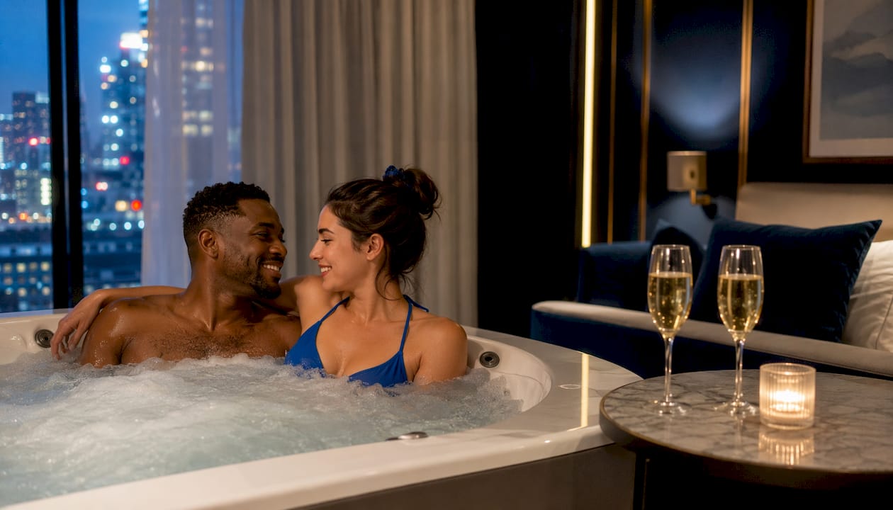 Couple relaxing in private hotel jacuzzi suite