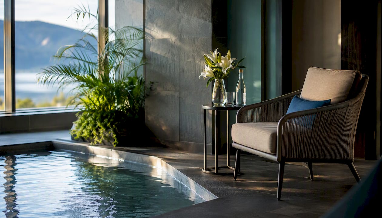 Hotel suite with private heated indoor pool and lounge