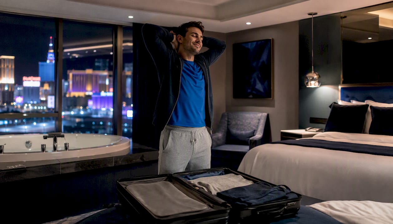 Traveler in Las Vegas hotel room with jacuzzi