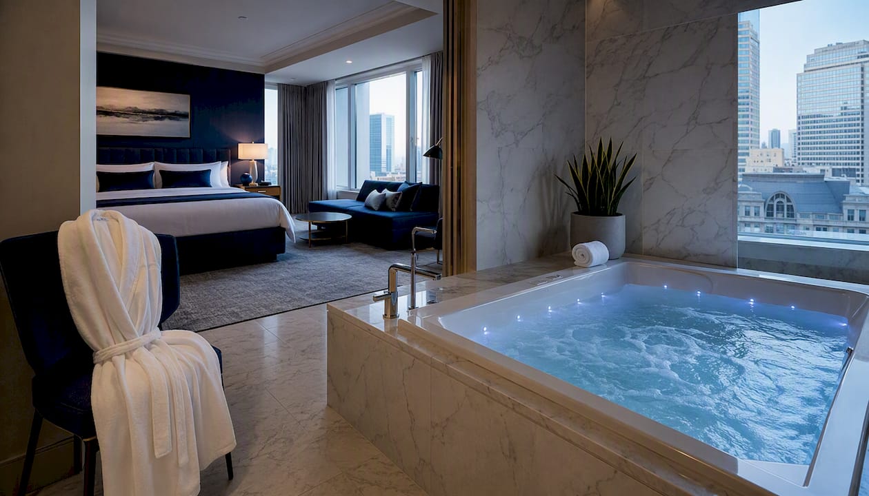 Top-down view of hotel suite with in-room jacuzzi