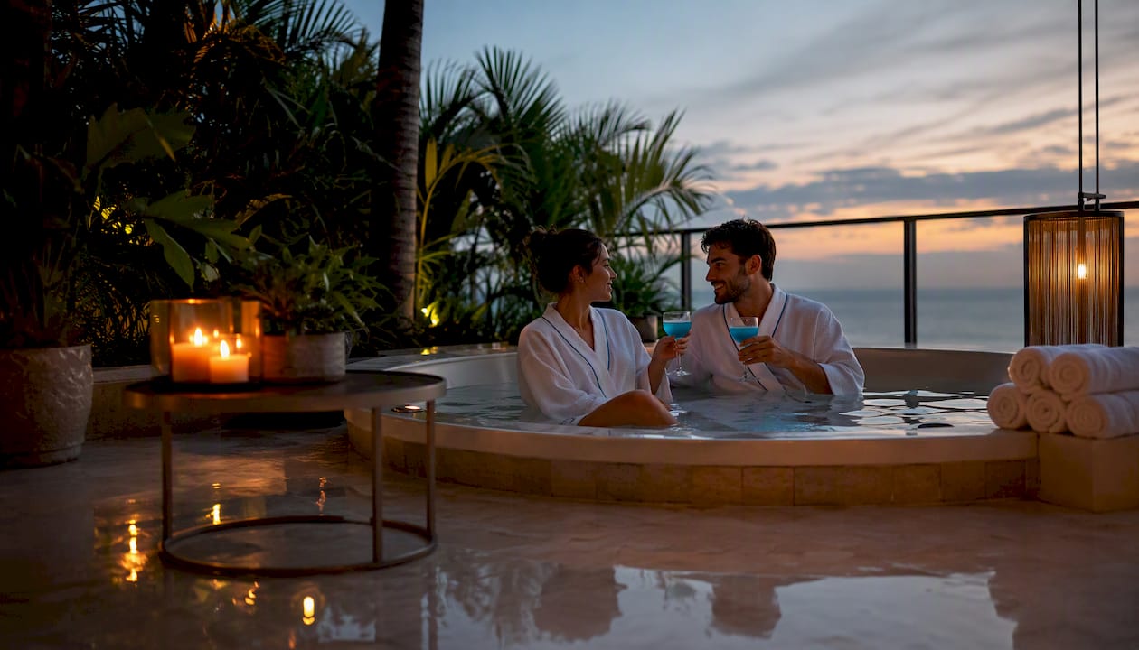 Couple relaxing in hotel room jacuzzi with city view