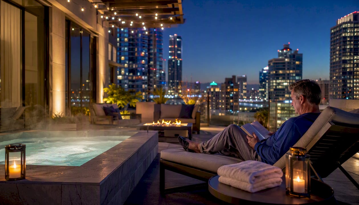 Man relaxing beside hotel terrace jacuzzi at dusk