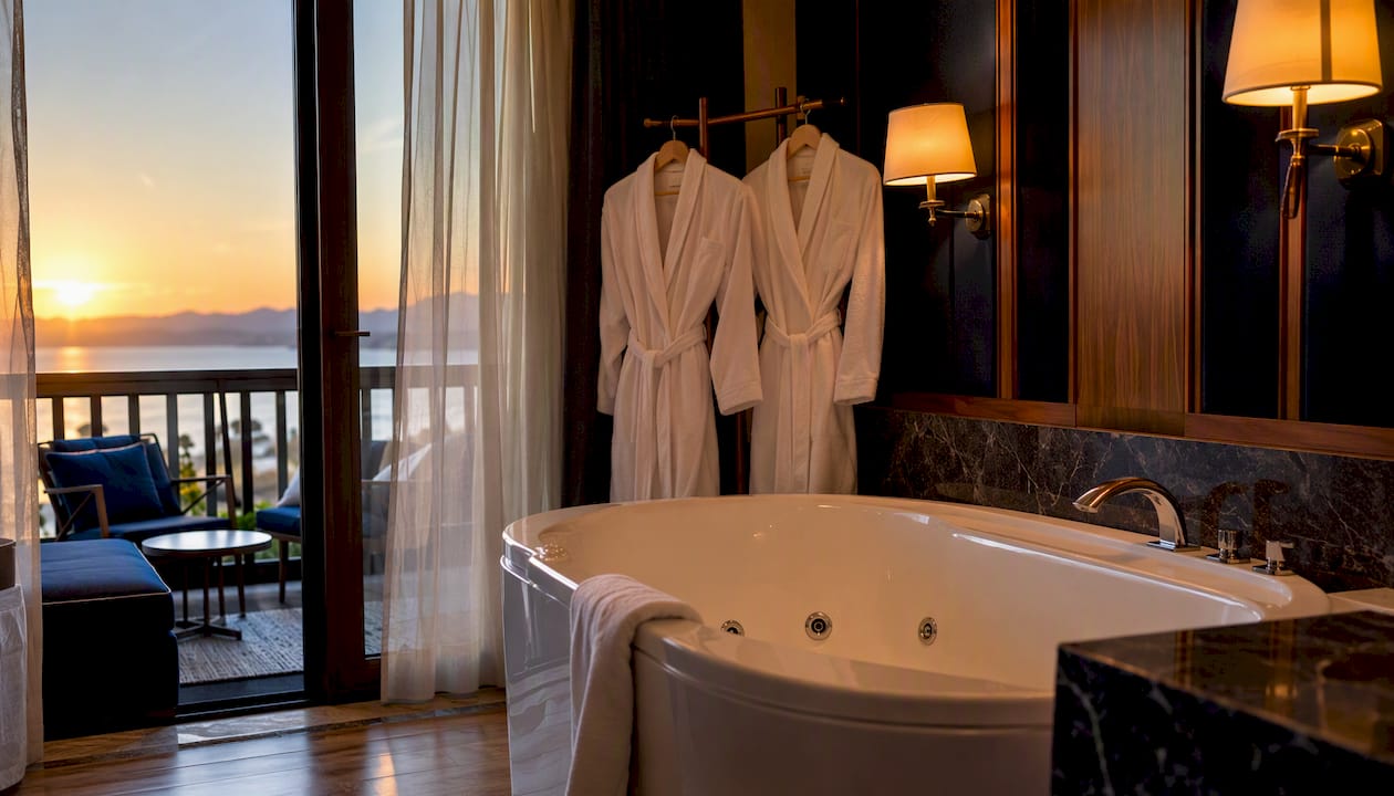 Hotel suite bedroom featuring private jacuzzi tub