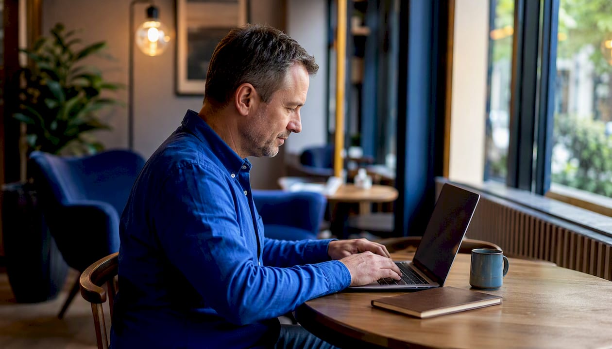 Man booking verified jacuzzi suite on laptop