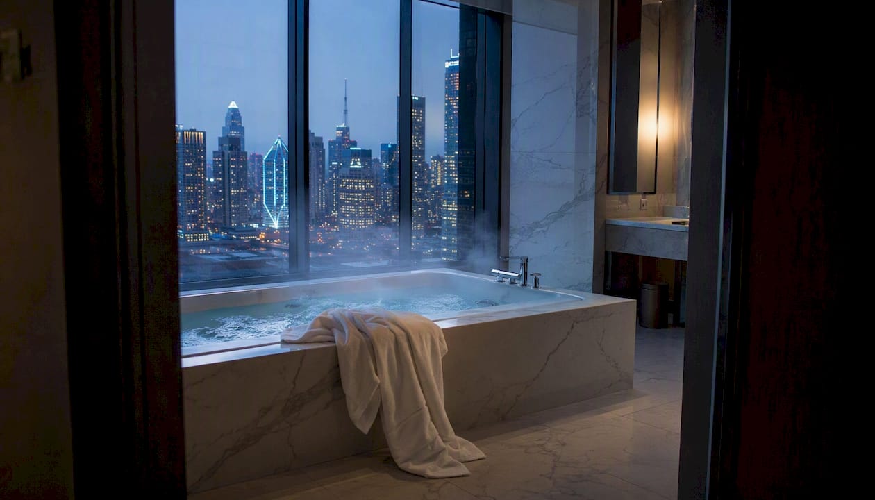 Jacuzzi suite with city skyline view at sunset
