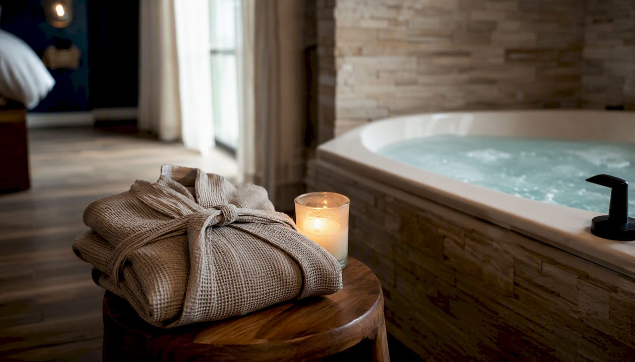 Boutique hotel room with private jacuzzi and candle