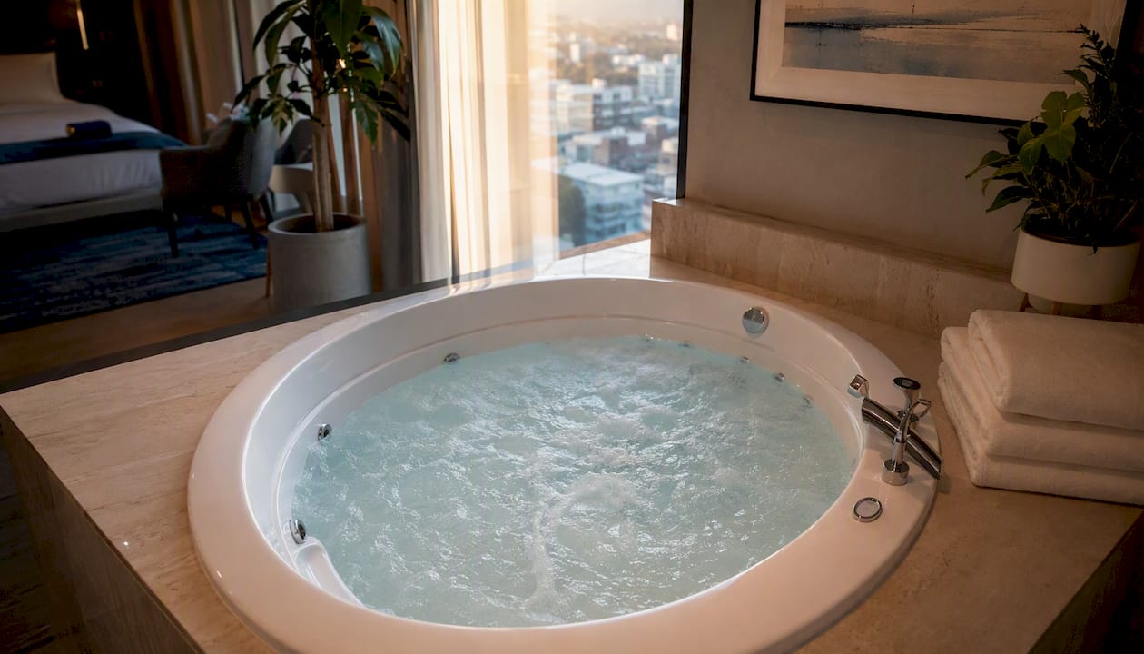 Modern hotel suite private jacuzzi tub bubbling