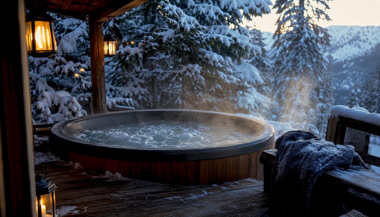 Snowy cabin deck with steaming outdoor hot tub