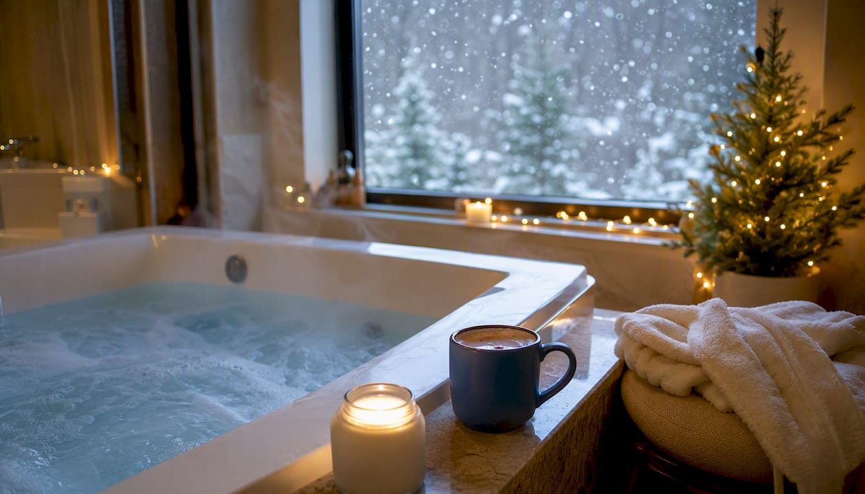 Steam rising from in-room hot tub in winter suite