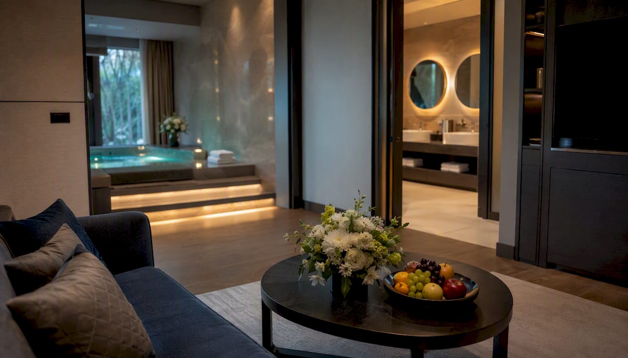 Spacious jacuzzi suite with living area
