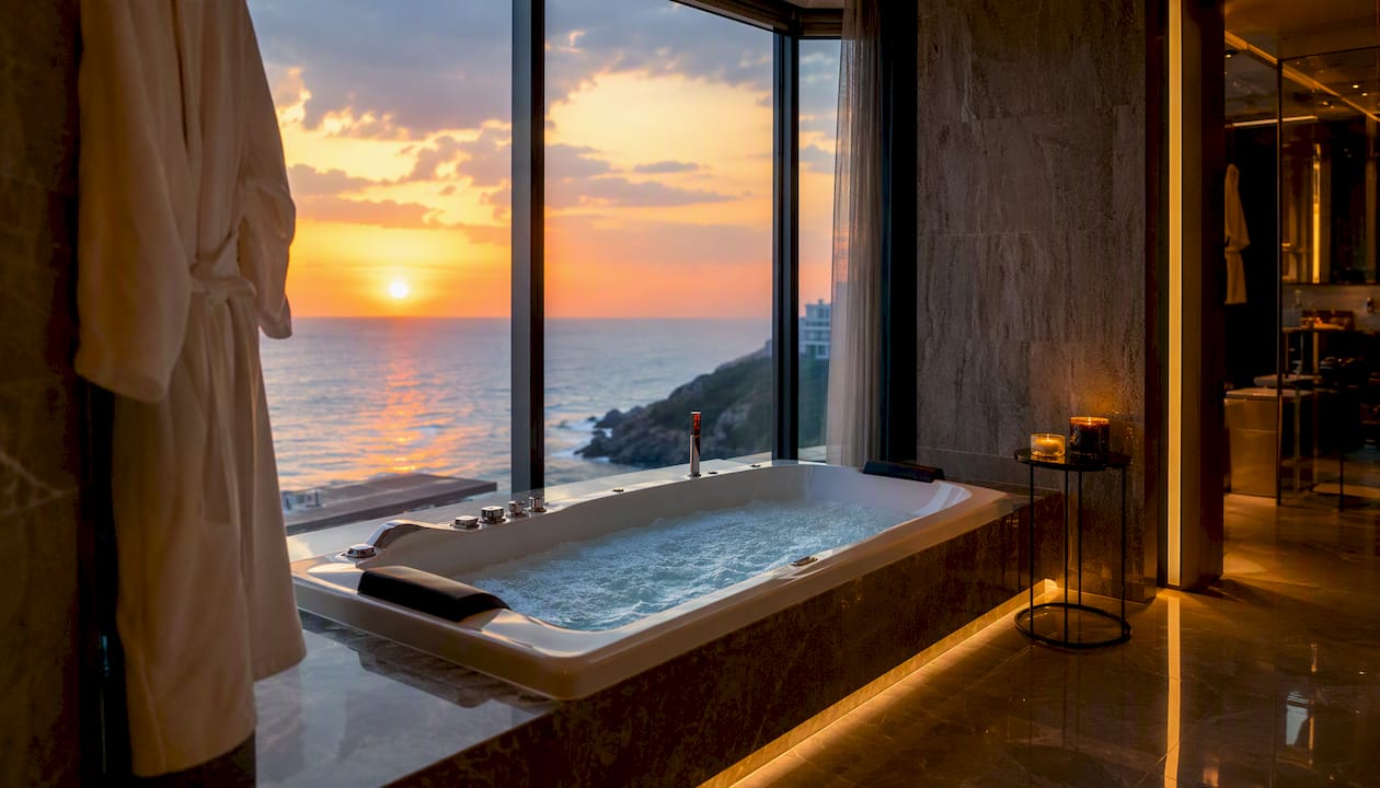 Luxury hotel jacuzzi tub with city night view