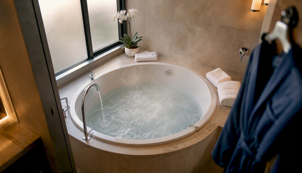 Private jacuzzi tub filling with steam in hotel suite