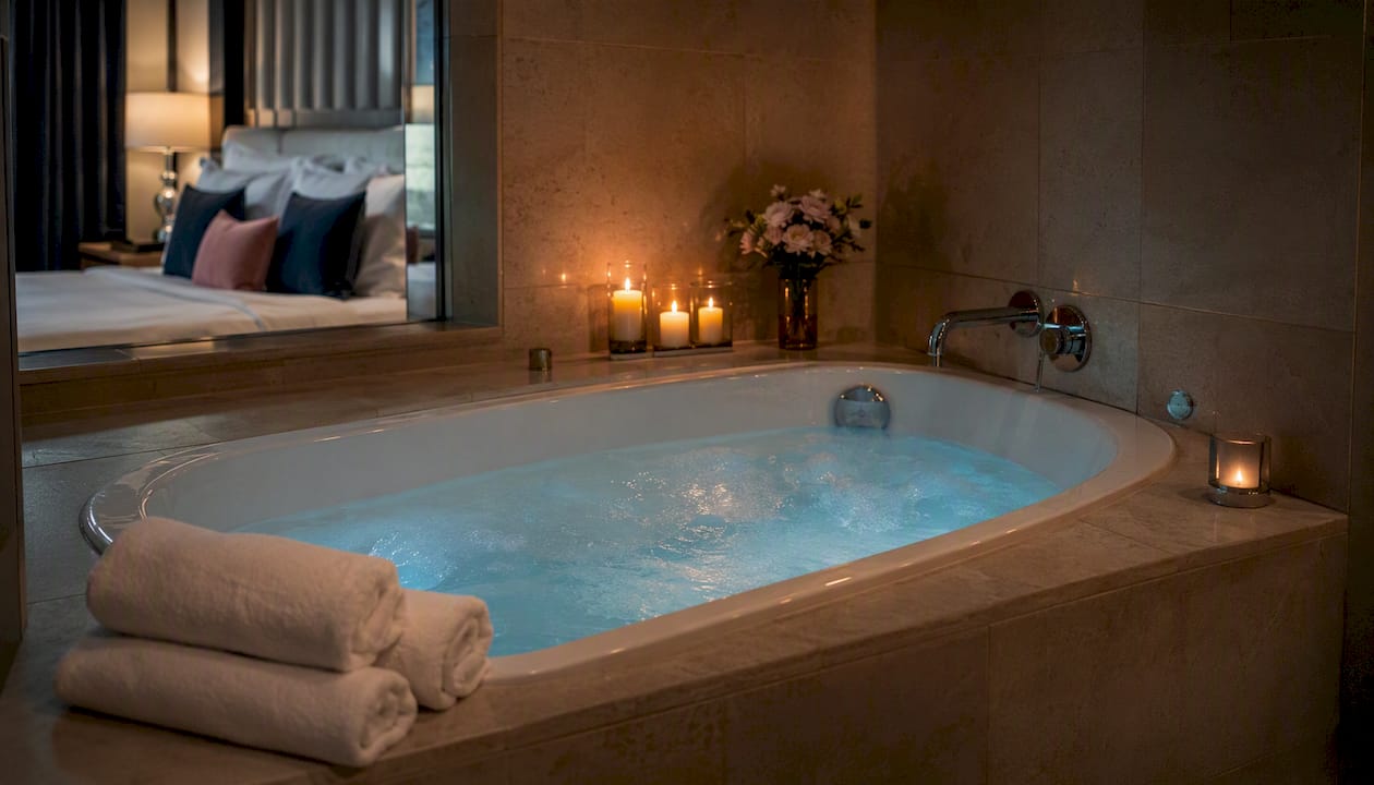 Private jacuzzi with candlelight in romantic hotel suite
