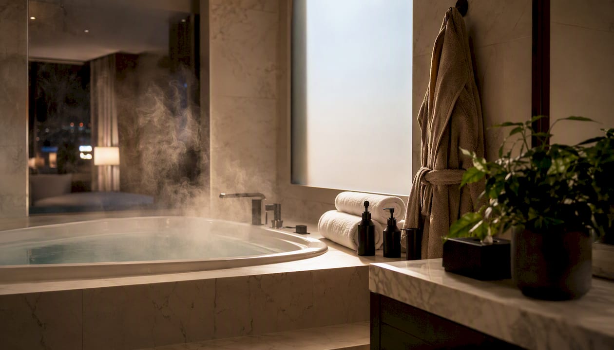 Luxury hotel bathroom with steaming in-room jacuzzi
