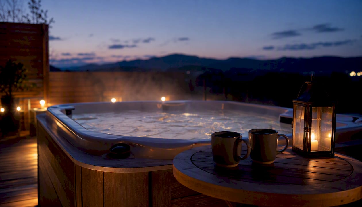 Private outdoor terrace hot tub with mountain view