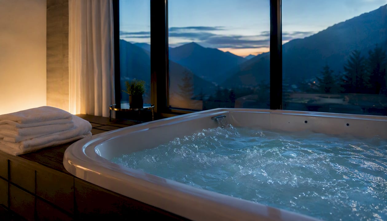 Hotel suite jacuzzi with mountain view at dusk